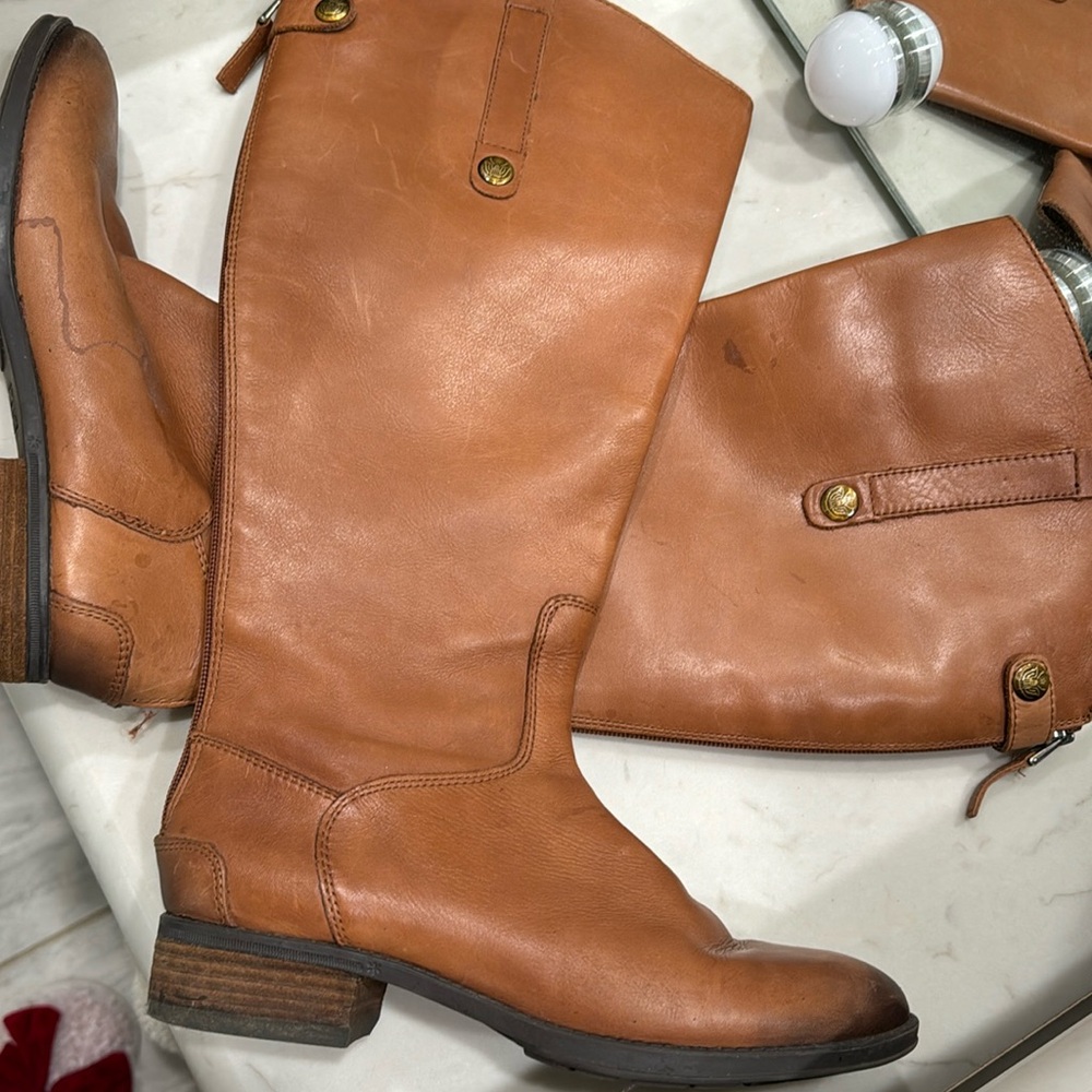 Sam Edelman Penny Whiskey Leather Tall Equestrian Back Zip Riding Boots Sz 8